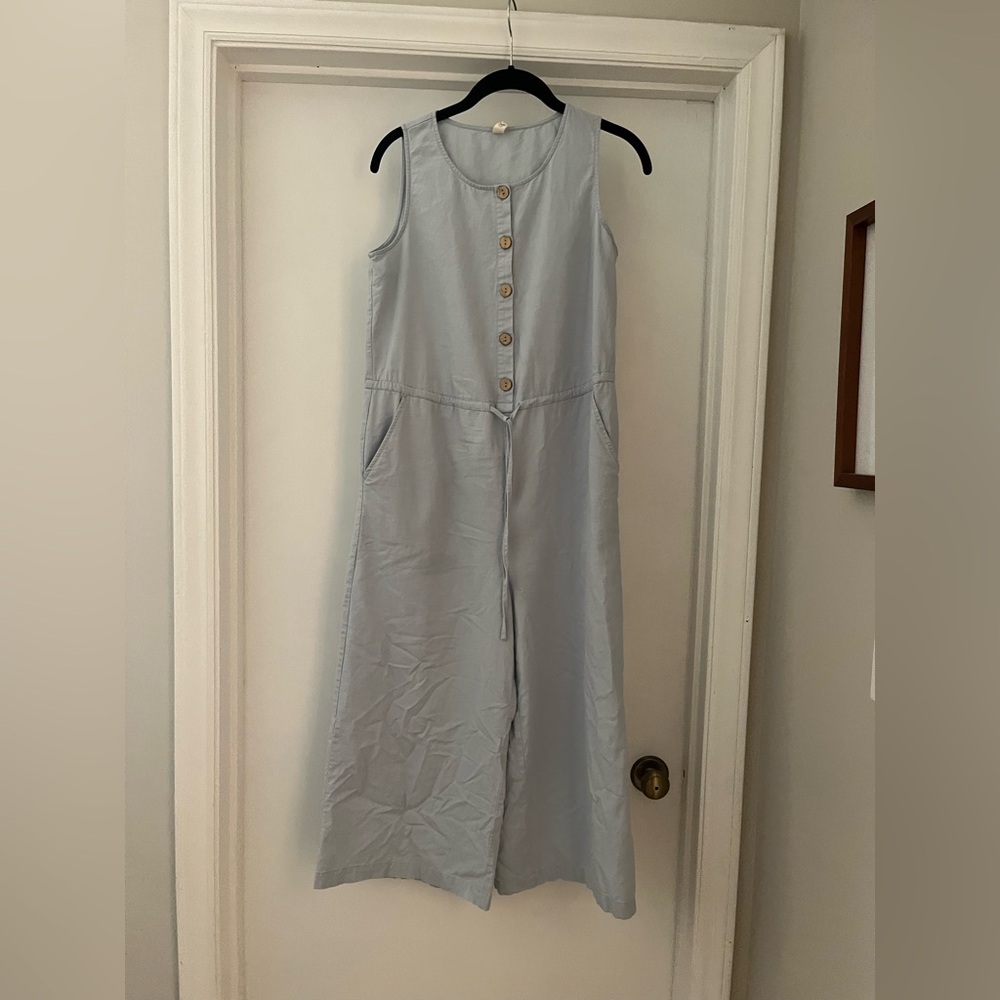 Linen/Cotton Blend Sleeveless Chambray Colored Jumpsuit